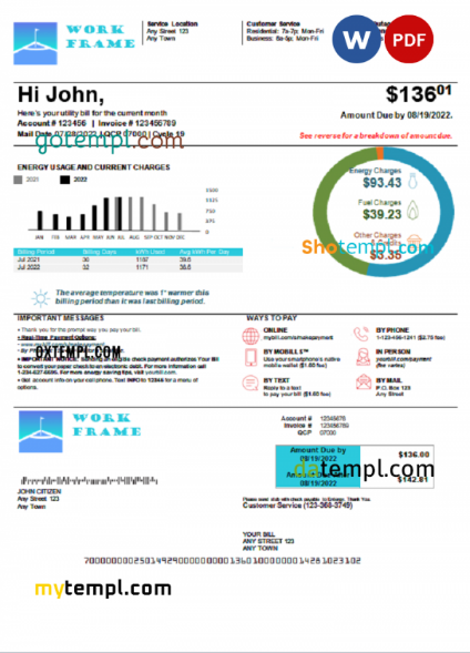 # work frame universal multipurpose utility bill, Word and PDF template