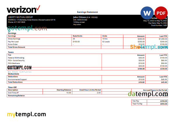 USA Verizon telecommunication company pay stub Word and PDF template