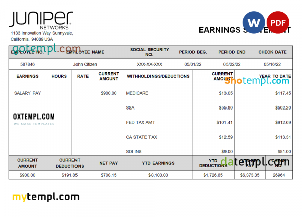 USA Juniper networking company pay stub Word and PDF template