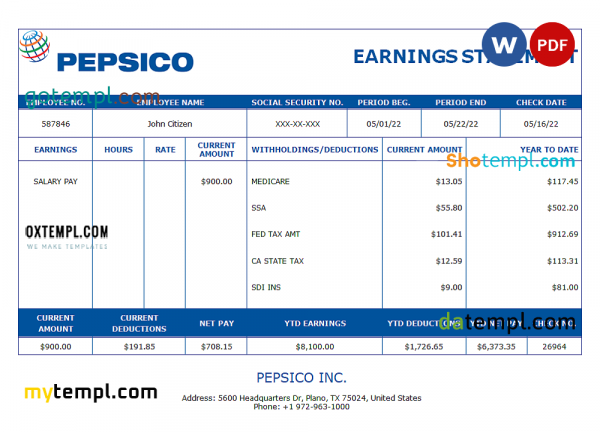 USA Pepsico Inc. drink producing company pay stub Word and PDF template