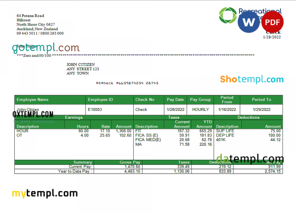 USA Recreational Services entertainment company pay stub Word and PDF template