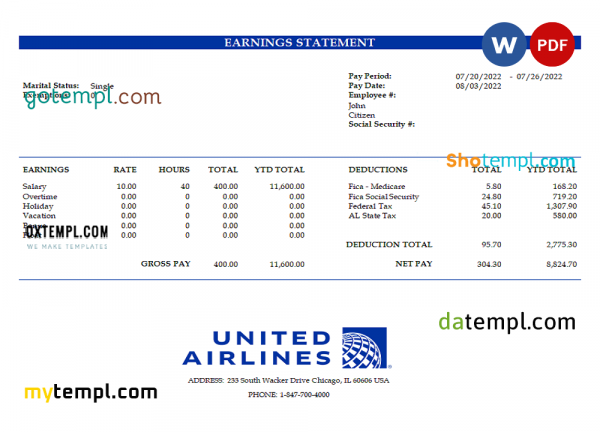 USA United Airlines Holdings airlines company pay stub Word and PDF template