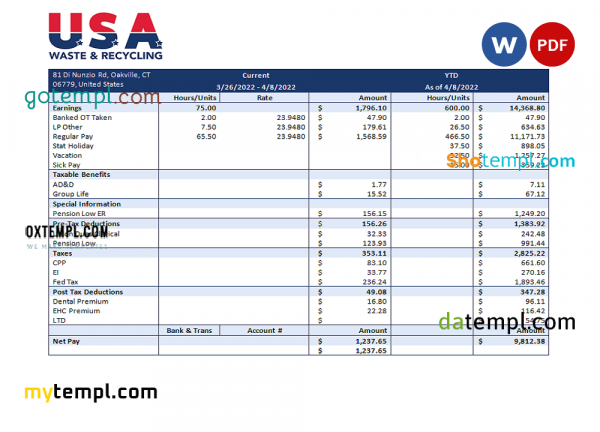 USA Waste & Recycling recycling company pay stub Word and PDF template