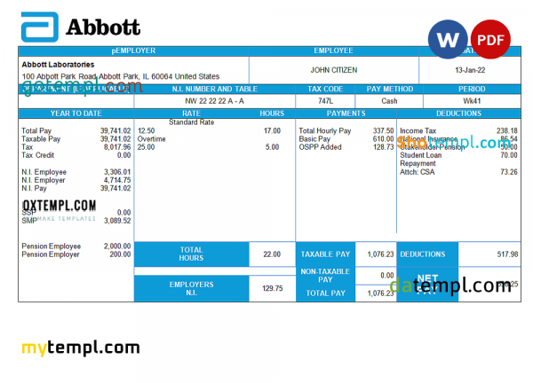 United Kingdom Abbott Laboratories medical devices distributing company pay stub Word and PDF template