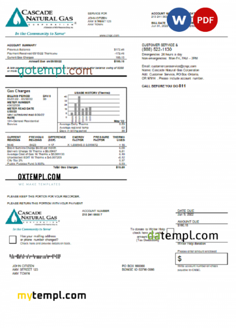 USA Cascade Natural Gas utility bill, Word and PDF template