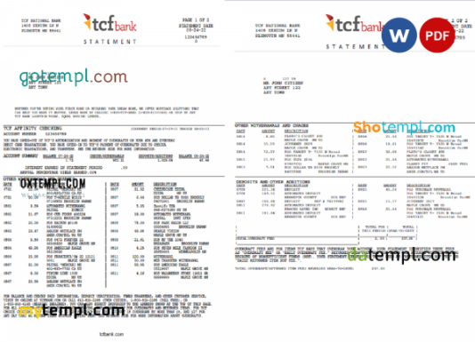 USA TCF bank statement, Word and PDF template, 3 pages