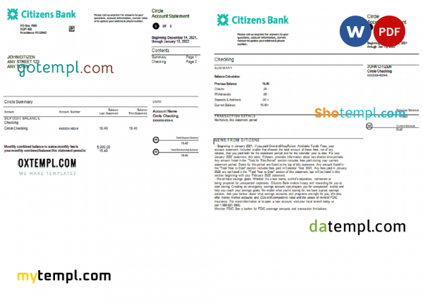 USA Citizens bank statement, Word and PDF template, 4 pages