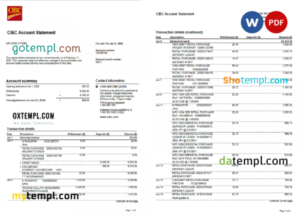 USA CIBC bank statement, Word and PDF template, 4 pages