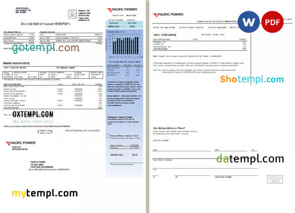 USA Pacific Power utility bill, Word and PDF template, 2 pages