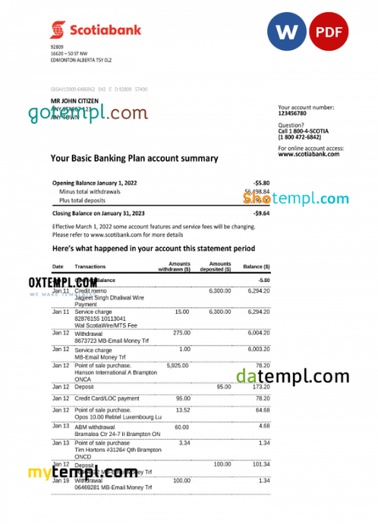 Australia Scotiabank bank statement, Word and PDF template, 2 pages