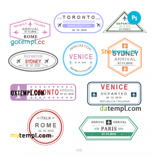 free Rome Venice Paris travel stamp collection template of 10 PSD designs, with fonts