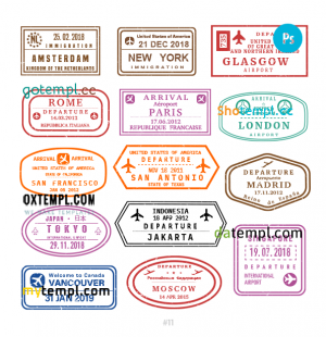 free Netherlands USA Ireland travel stamp collection template of 14 PSD designs, with fonts