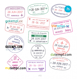 free Japan Hong-Kong UK travel stamp collection template of 7 PSD designs, with fonts