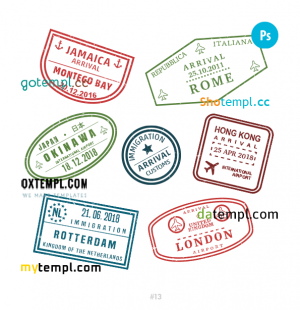 free Jamaica Italy Japan travel stamp collection template of 7 PSD designs, with fonts
