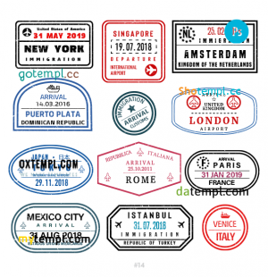 free USA Singapore Turkey travel stamp collection template of 12 PSD designs, with fonts