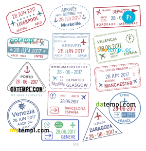 free Spain Pakistan Korea travel stamp collection template of 14 PSD designs, with fonts