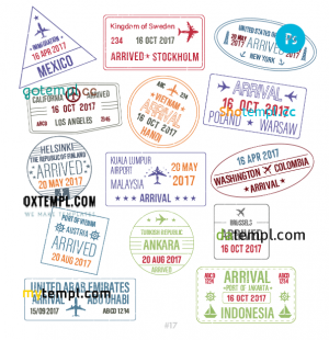 free Mexico Sweden Indonesia travel stamp collection template of 14 PSD designs, with fonts