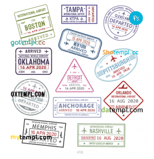 free Massachusetts Florida Oklahoma travel stamp collection template of 12 PSD designs, with fonts