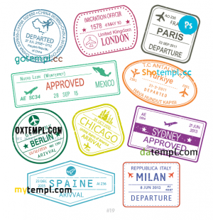 free Thailand Colombia Switzerland travel stamp collection template of 14 PSD designs, with fonts