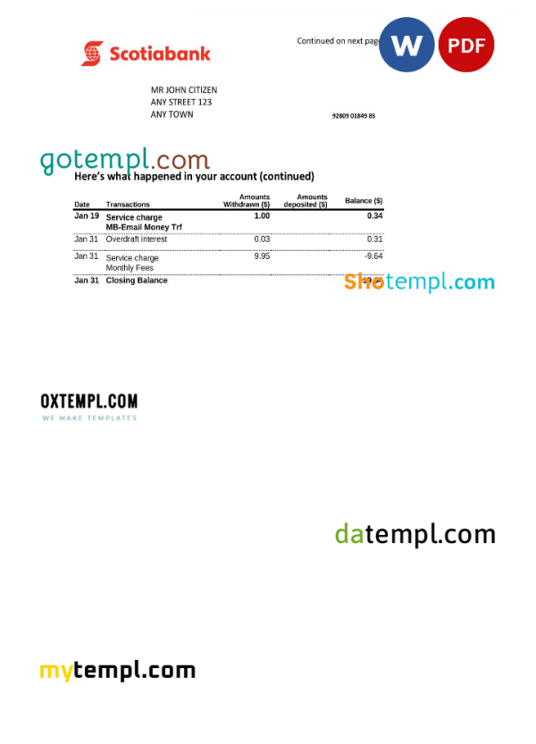 Australia Scotiabank bank statement, Word and PDF template, 2 pages