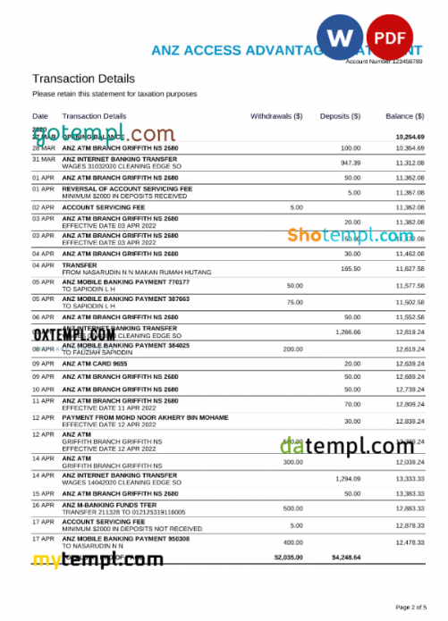 Australia ANZ bank statement, Word and PDF template, 5 pages