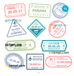 free United Kingdom Panama Hong Kong travel stamp collection template of 11 PSD designs, with fonts