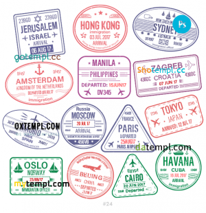 free Russia Brazil Canada travel stamp collection template of 17 PSD designs, with fonts