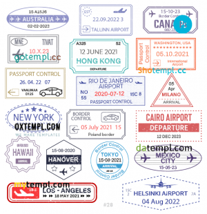 free Thailand Colombia Switzerland travel stamp collection template of 14 PSD designs, with fonts