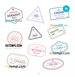 free Germany USA China travel stamp collection template of 10 PSD designs, with fonts