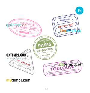 free France travel stamp collection template of 5 PSD designs, with fonts