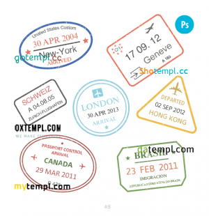 free New York Geneva London travel stamp collection template of 7 PSD designs, with fonts