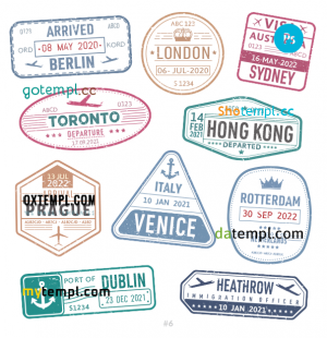 free Berlin Dublin Heathrow travel stamp collection template of 10 PSD designs, with fonts