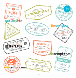 free Italy Venezuela Netherlands travel stamp collection template of 11 PSD designs, with fonts