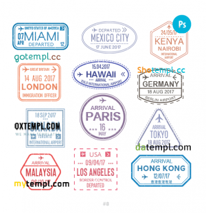 free Miami Mexico city Nairobi travel stamp collection template of 12 PSD designs, with fonts