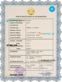 Afghanistan vital record death certificate PSD template