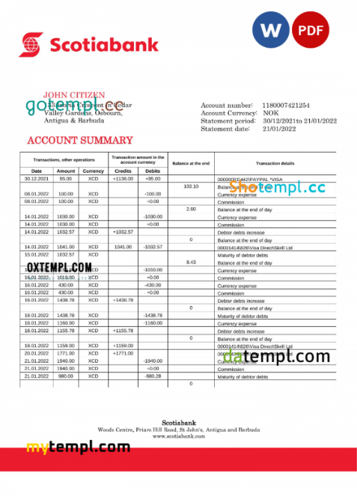 Antigua and Barbuda Scotiabank bank statement template in Word and PDF format