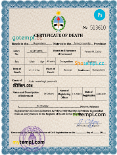 Argentina death certificate PSD template, completely editable