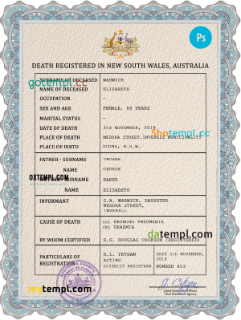 Australia vital record death certificate PSD template, fully editable