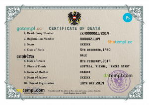 Austria death certificate PSD template, completely editable