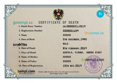 Austria death certificate PSD template, completely editable