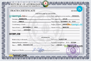 Azerbaijan vital record death certificate PSD template, completely editable