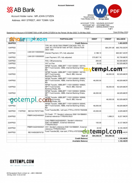 Bangladesh AB bank statement template, Word and PDF format