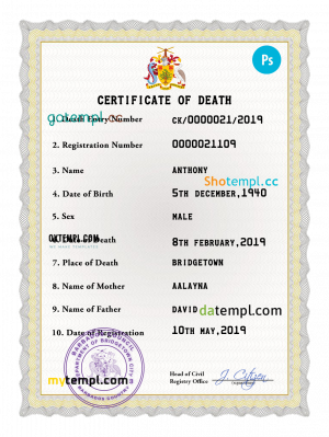 Barbados death certificate PSD template, completely editable