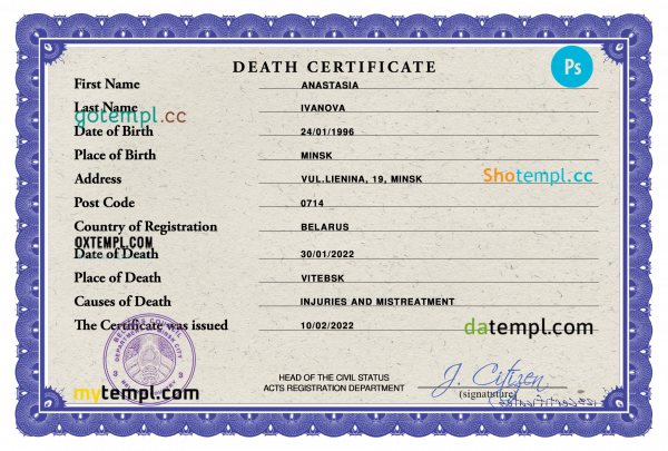 Belarus vital record death certificate PSD template, completely editable