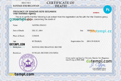 Brunei vital record death certificate PSD template, fully editable