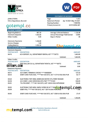 USA California Bank Trust bank statement, Word and PDF template