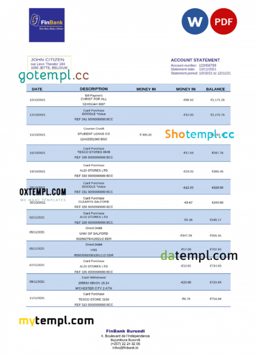 Burundi Finbank statement Word and PDF template