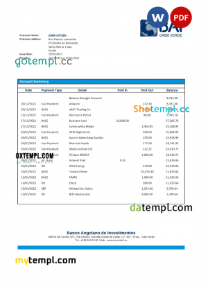 Benin Banque Atlantique bank statement template in Word and PDF format