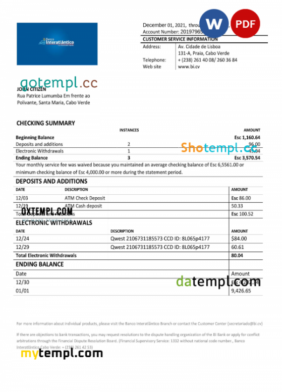 Cabo Verde Banco Inter-Atlântico bank statement Word and PDF template