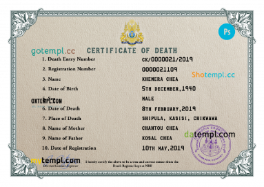 Cambodia vital record death certificate PSD template